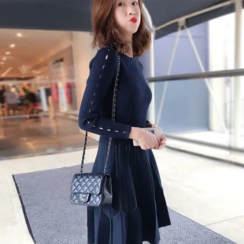 

Women's Pleated Knitted Dress Knee-length Long Sleeve O-neck Patchwork Short Dress Autumn Winter