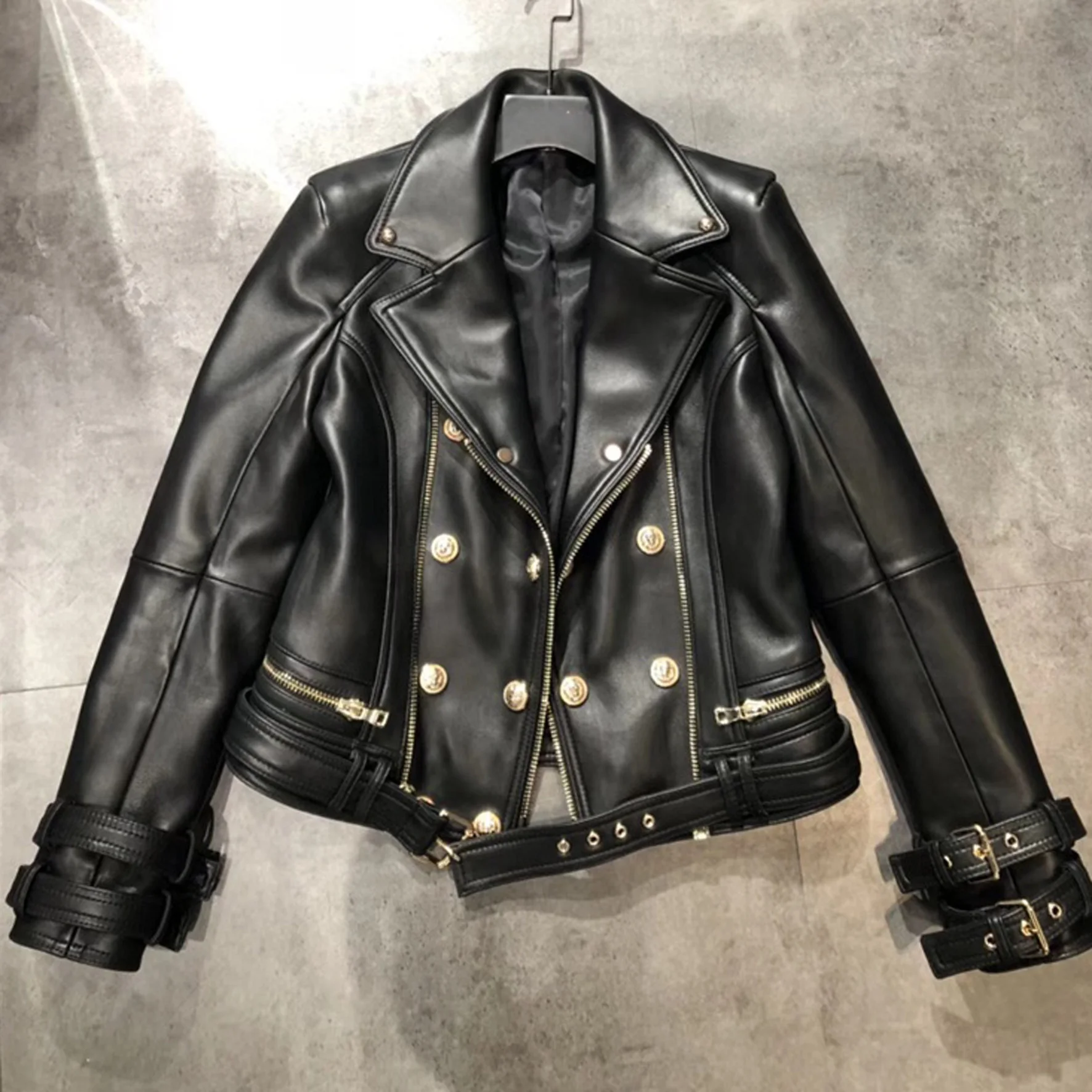 Luxury Brand Design Genuine Leather Jacket Coat Clothing Women Real Sheep Sheepskin European Style Double Breasted Slim Fit Tops | Женская