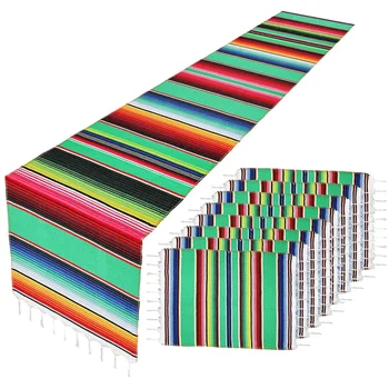 

Mexican Table Runner with Place Mats(8 Pcs), Mexican Serape Assorted Place Mats Mexican Party Wedding Decorations, Fringe Serape