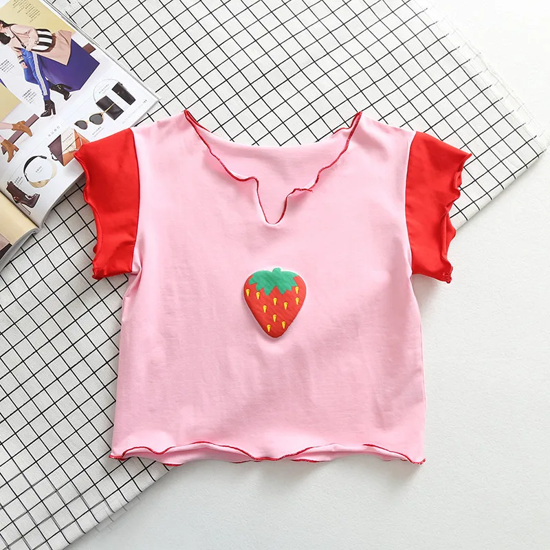 

Summer new street fashion strawberry print color matching short-sleeved T-shirt women, cute sweet sexy short T-shirt girls