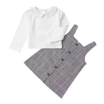 

2Pcs/set Baby Girl Spring And Autumn Long Sleeve White Doll Collar T-shirt Blouse Plaid Print Strap Dresses Casual Outfits Set