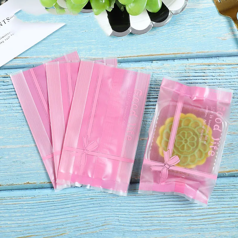 100pcs/lot Festival Party Homemade Baking Snacks Packaging Bag Large High Capacity Side Pink Frosted Bowknot Good Life Food Wrap | Дом и сад