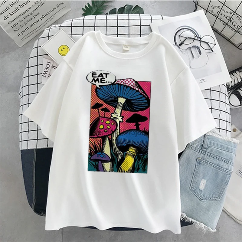 Cotton Material Retro Apricot Mushroom Cute T Shirts O-neck Casual Summer Plus Size Woman Tshirts 2021Fashion Streetwear Clothes palm angels t shirt Tees