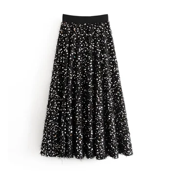 

Early spring 2020 women's new style retro high waist slim show thin bead sequin artificial pearl mid length skirt