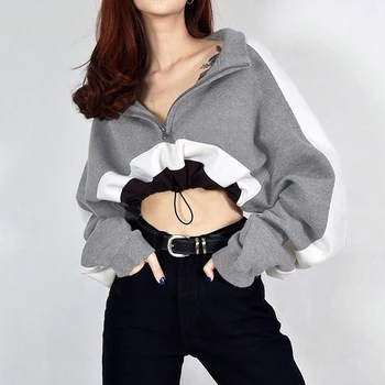 

Spring Women Long-Sleeved Pullovers Hoodies Splicing Contrast Zip Turn-Down Collar Tops Autumn Drawstring Cropped Hoodies