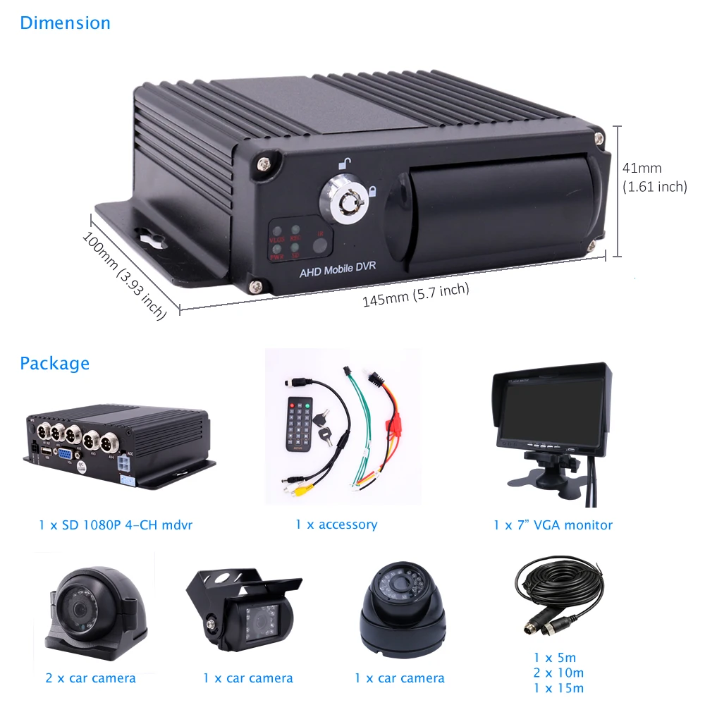 4CH 1080P Mobile Vehicle Car DVR MDVR Video Recorder System with 4 SONY IP69 Rear Side Front Camera for Truck Van Bus RV 7 VGA