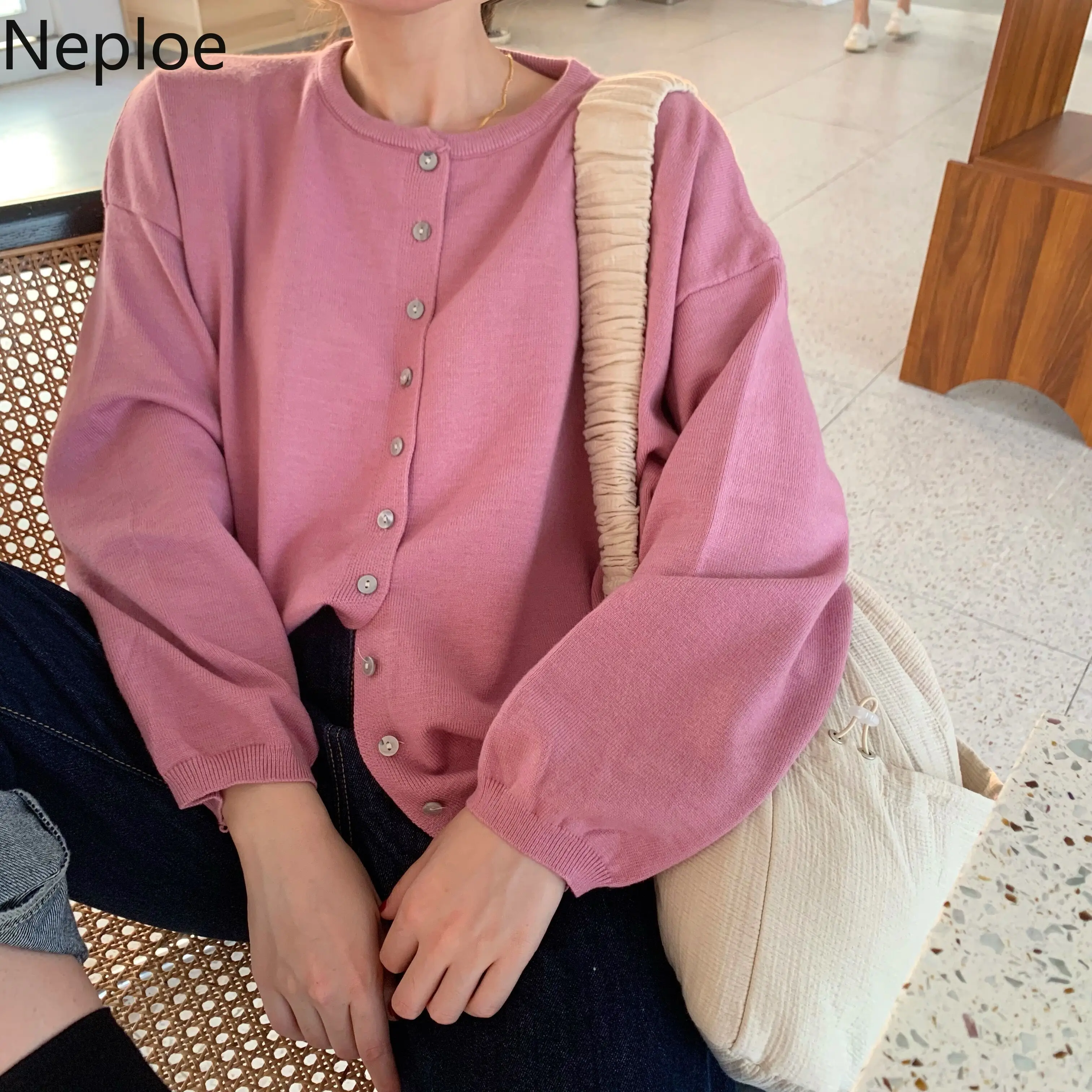 Neploe корейский длинный рукав вязаный кардиган однобортный o-образным вырезом Pull Femme свитер с разноцветной отделкой пальто Женский Повседневный трикотаж 54793