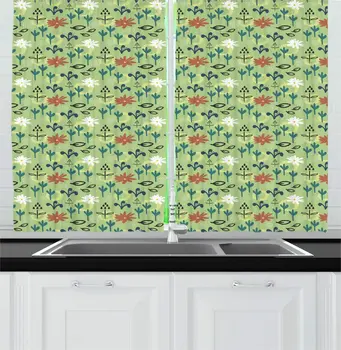

Pale Green Floral Kitchen Curtains Doodle Style Garden Elements in Spring Tones Window Drapes
