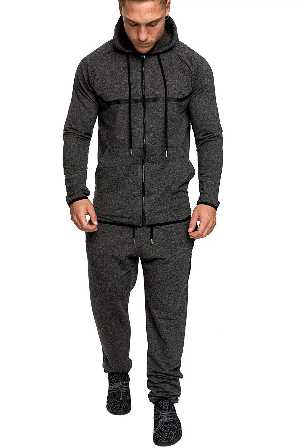 Темно-серый Autumn Men Hoodies Pants 2Pcs Sweatshirt Sweatpants Male Gyms Set Tops Trousers Joggers Sportswear Patchwork Tracksuits - Цвет: Темно-серый