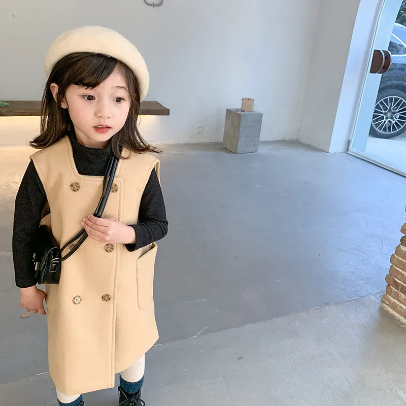

Korean style Autumn Winter Girls Woolen Vest Dresses 2020 New Children Double breasted Loose Warm Dress