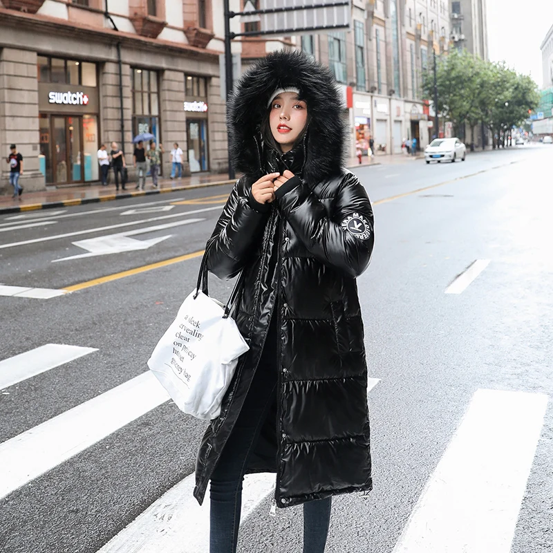 LISYRHJH, высокое качество, новинка, зимняя куртка для женщин, теплая, утолщенная, с капюшоном, с мехом, длинное пальто, блестящая ткань, стильная женская парка - Цвет: Черный