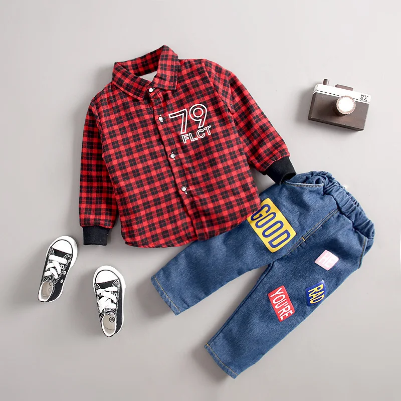 

2018 New Style Korean-style Casual Fashion plus Velvet Plaid Long-sleeved Shirt Jeans Set Men's Small CHILDREN'S Fall And Winter