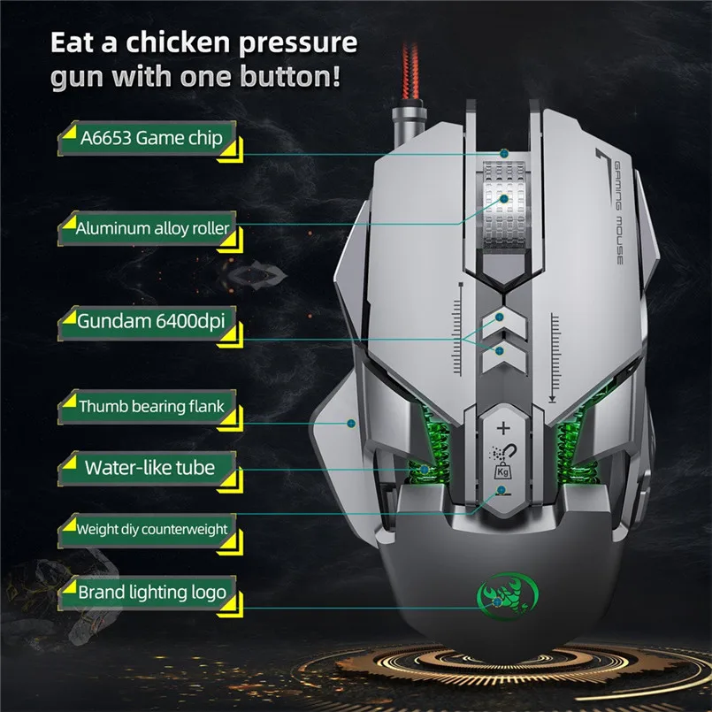 6400 DPI 7-keys Macro Definition Programmable Wired Game Mouse Gaming Mouse Mice  Aluminum alloy 3D metal roller 40NOV2802