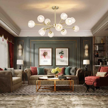 

Post-modern Simple American Copper Crystal Chandelier Lighting and Luxury Dining Room Lustre Magic Bean Molecular Hanging Lamps