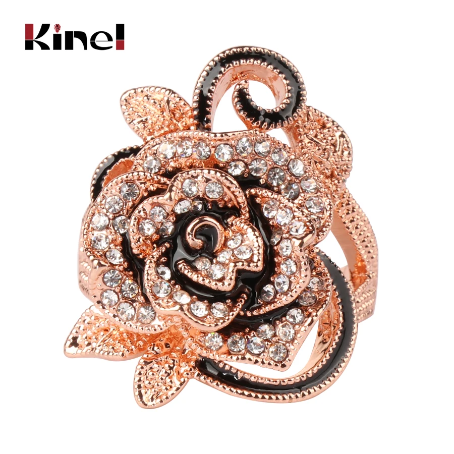 Kinel роскошное кольцо с кристаллами в виде цветка, розовое золото, винтажное ювелирное изделие в форме большого цветка, элегантные кольца для женщин, мода - Цвет основного камня: Rose Gold
