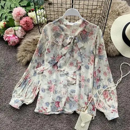 white Neploe шифоновая блузка с цветочным принтом и бантом, женская рубашка с v-образным вырезом и оборками, новинка, Корейская Повседневная блуза с длинным рукавом-фонариком, блузы 55831 - Цвет: white