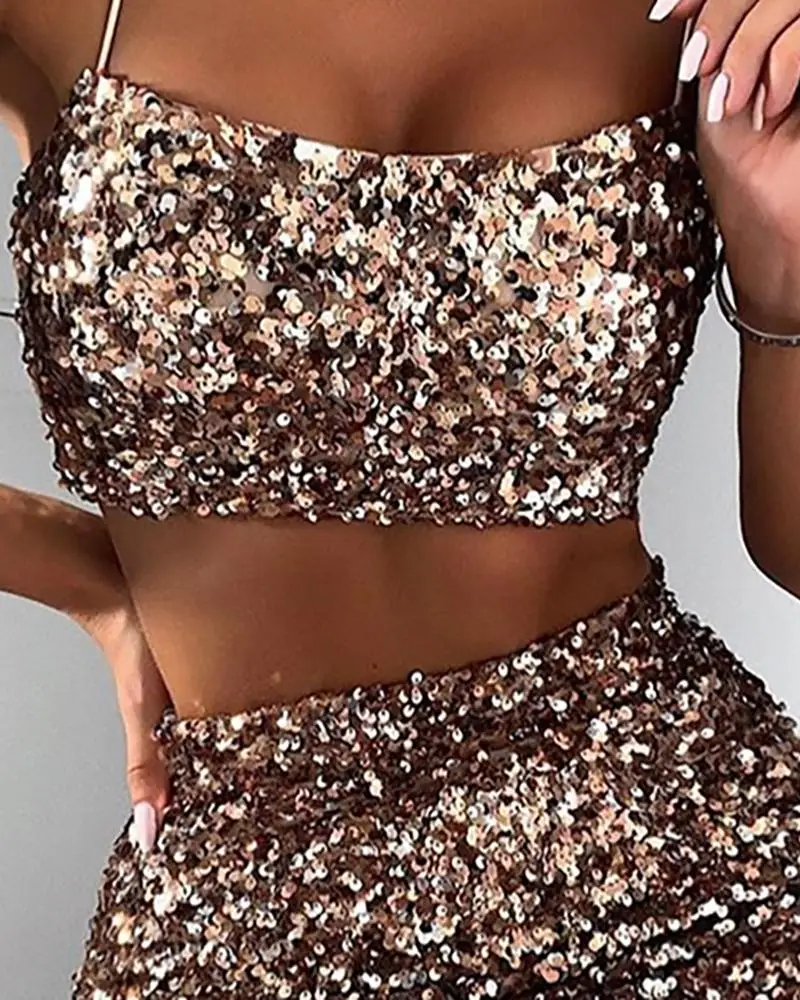 Sequins Spaghetti Strap Crop Top& Slinky Skirt Sets