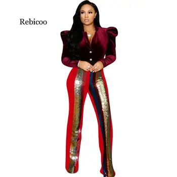 

Woman Sequin Striped Pants Patchwork Flare Long Trousers for Female Sexy Club Pants High Waist Slim Bodycon Trousers Streetwear