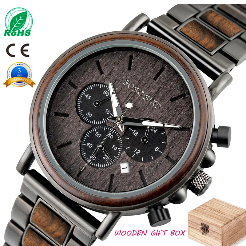 BOBO BIRD Luxury Wood Stainless Steel Men Watch Stylish Wooden Timepieces Chronograph Quartz Watches relogio masculino Gift Man