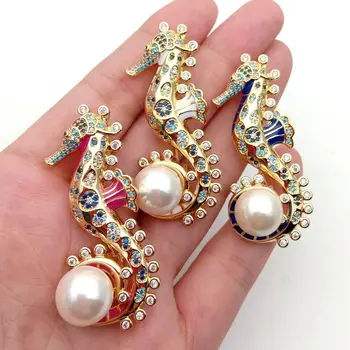 

Golden Plated Enamel CZ Pave White Sea Shell Pearl Sea Horse Brooch Animal