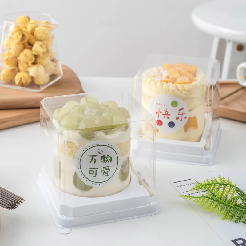 

50set Boxes + Forks Transparent Plastic Box For Cake With Lid Mousse Puffs Mini Cake Carriers For Bakery Wrapping Packing Tools