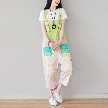 

Summer Cotton Rompers Womens Jumpsuit Female Casual Loose Korean Fashion 2020 High Waist Plus Size Overalls for Women Floral New