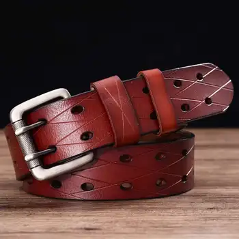 Men's Leather Double Prong Belt Classic Row Hole Universal Hollowed Jeans Waistband  1
