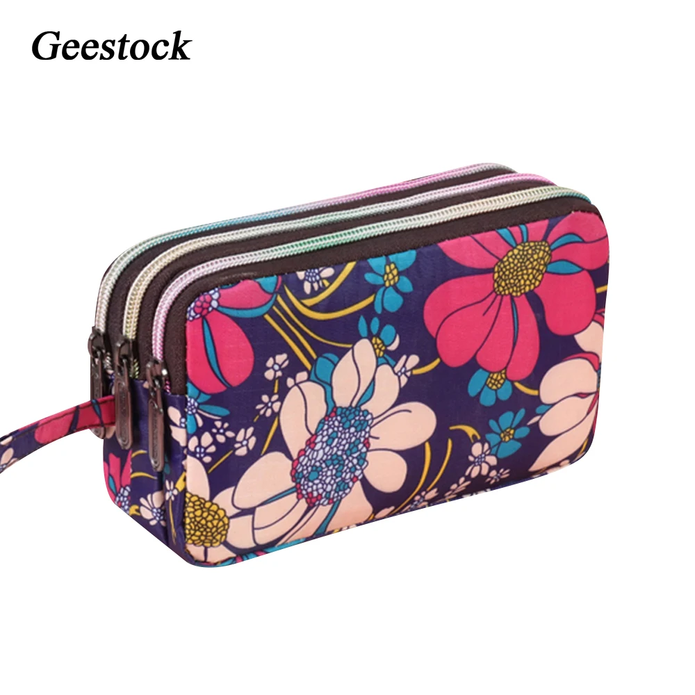Geestock Women  3 Zippers Wallets Canvas Female Handbags Floral Handbag Organizer Clutch  Pouch Money Coin Rfid Key Wallet