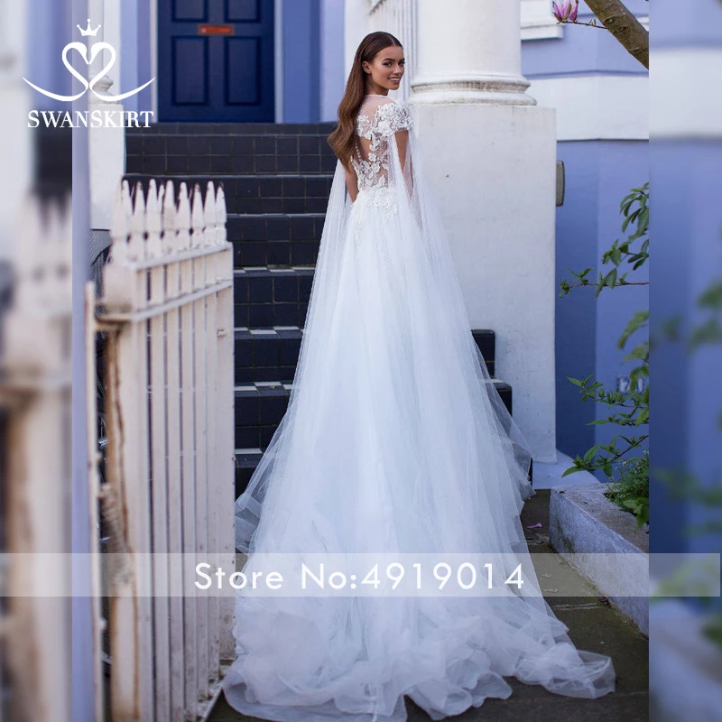 Аппликации Кружева Свадебное платье Swanskirt I161 съемный жакет А-силуэт бисером принцесса свадебное платье Иллюзия Vestido de Noiva