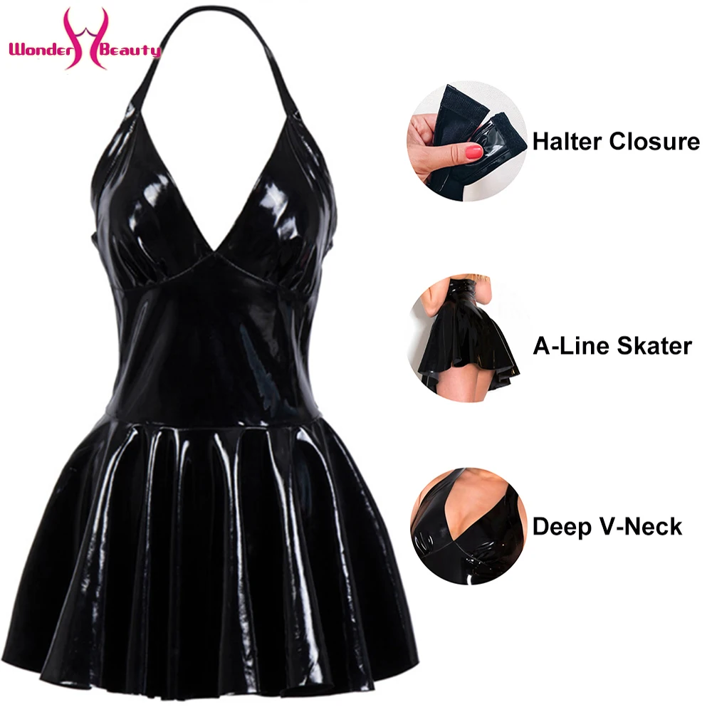 Women Halter A-line Wetlook PVC Dress Latex Leather Sleeveless V Neck Backless Skater Mini Dress Clubwear Vestidos (3)