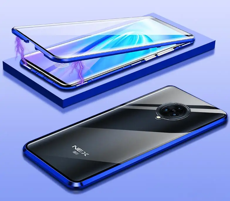 Vivo Nex 3 Магнитный чехол 360 Передний+ задний двухсторонний чехол из закаленного стекла для Vivo Nex 3 металлический бампер - Цвет: Синий