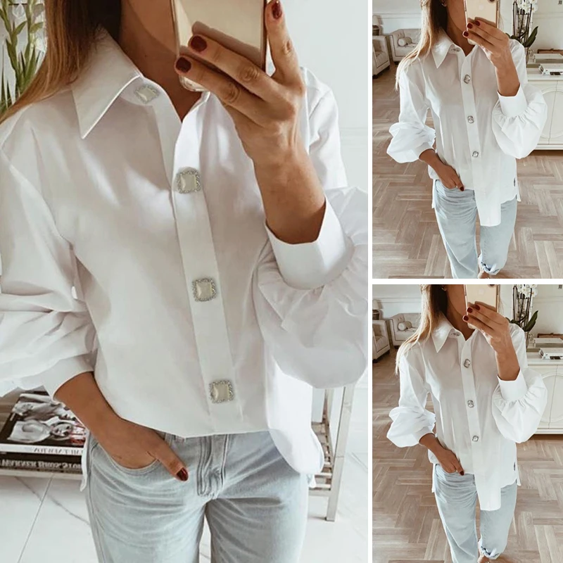 Офисная Женская блузка, модная Осенняя элегантная рубашка с длинным рукавом-фонариком, корейские рабочие топы, женская одежда, белая рубашка, женские топы