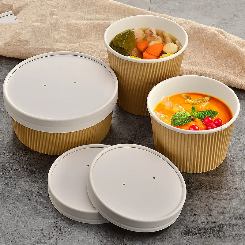 

50pcs Creative double layer kraft paper disposable ice cream cups round large food packaging container soup bowl with lid