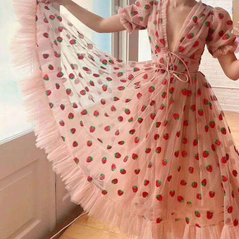Women Strawberry Dress Women Elegant Party Dress V Neck Lantern Sleeve Floral Mid Sexy Dress Mesh Dress Vintage Dress Women Strawberry Dress Women Elegant Party Dress V Neck Lantern Sleeve Floral Mid Sexy Dress Mesh Dress Vintage Dress