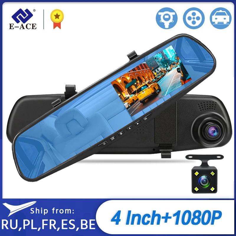 E ACE Car DVR Mirror Dash Camera FHD 1080P Video Recorder Dual Lens
