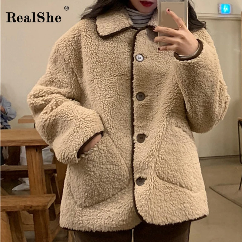 RealShe пальто и куртки с пуговицами, Женское пальто с отворотом, длинным рукавом, карманами, одноцветная Женская куртка, весна, повседневное пальто из овечьей шерсти для женщин