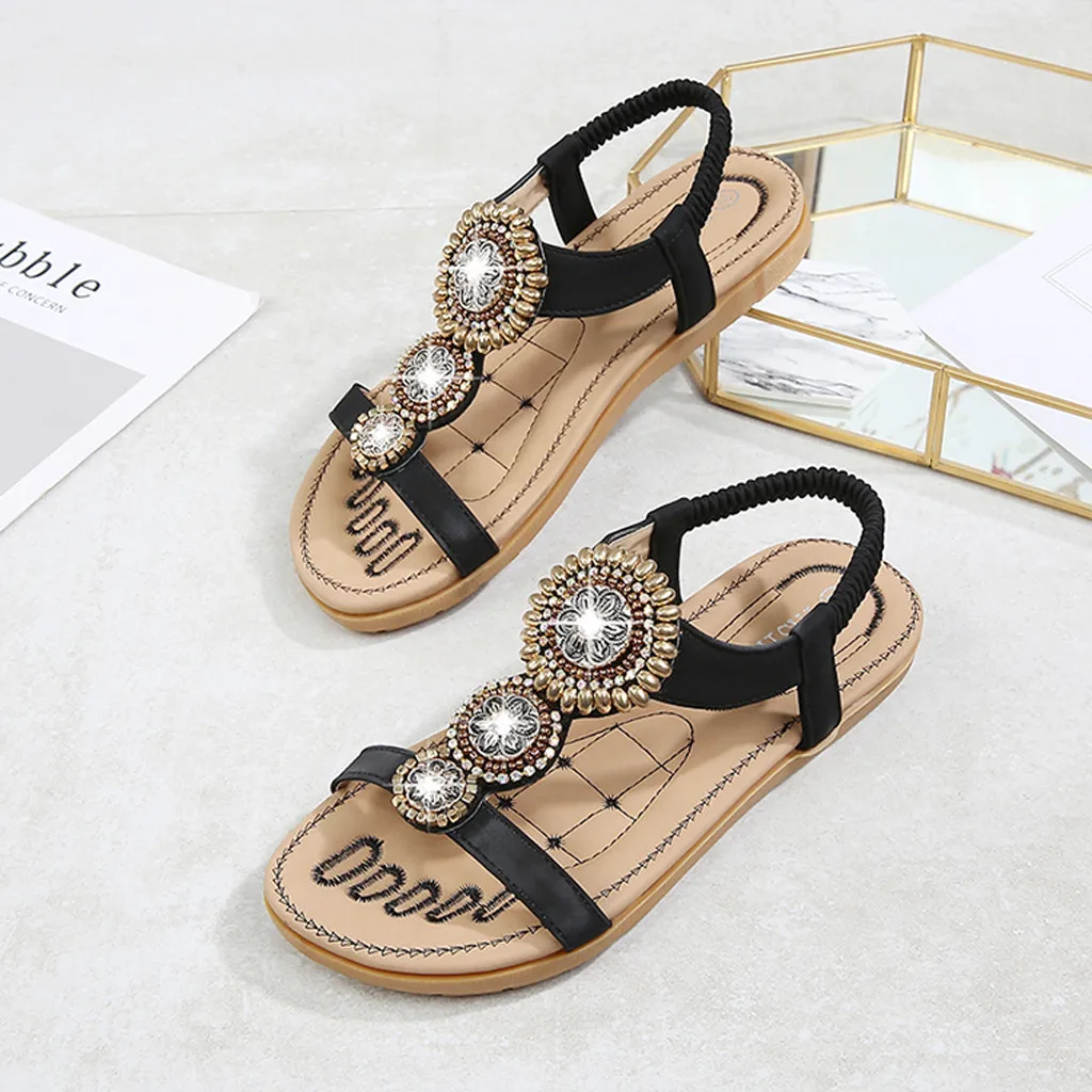 

Women's Shoes 2020 High quality Summer Solid Crystal Bohemian Ankle Summer Flat Sandals Roman Women's Sandals Large Size