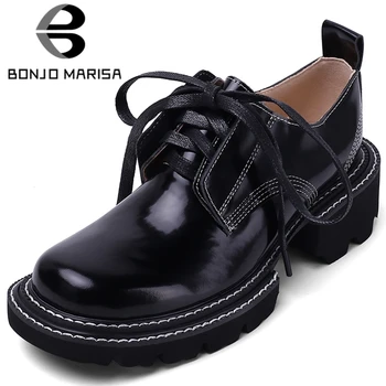 

BONJOMARISA Ladies Elegant Brand Design Genuine Leather Platform Pumps Women Concise Med Heels Sewing Shoes Woman