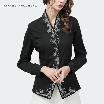 

Ladies Embroidered Black Women' Shirt High Waist Slimming Long Sleeve V-Neck Korean Shirts 2020 Autumn New Female Cotton Blouses