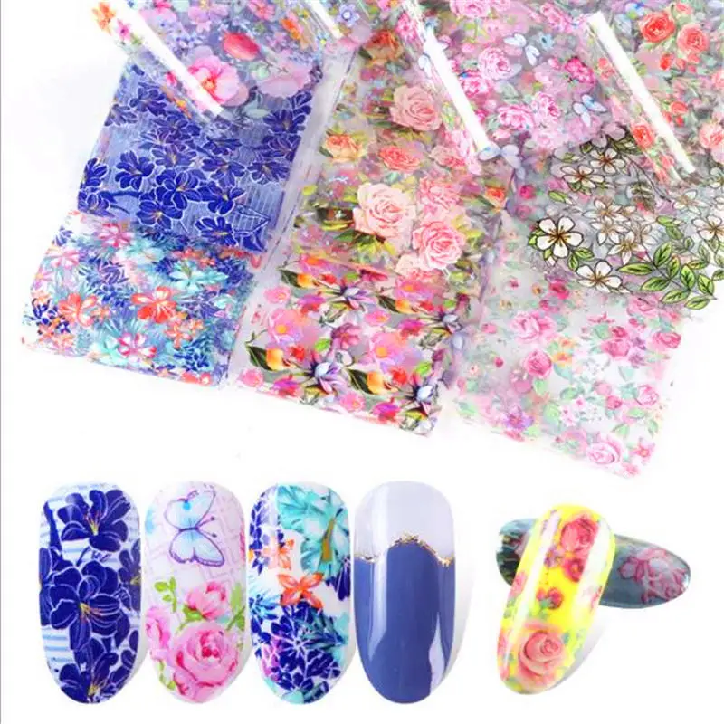 

10 Pcs/lot Nail Foil Polish Stickers Beautiful Floral Transfer Foil Nails Decal Sliders For Nail Art Decoration Manicure Designs