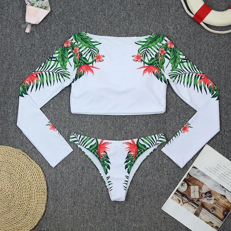 bikini shorts set 2021 Sexy Long Sleeve Bikinis Set Women Swimsuit Flower Print Push Up Padded Bathing Suits Beachwear Brazilian Biquini Female bikini shorts set