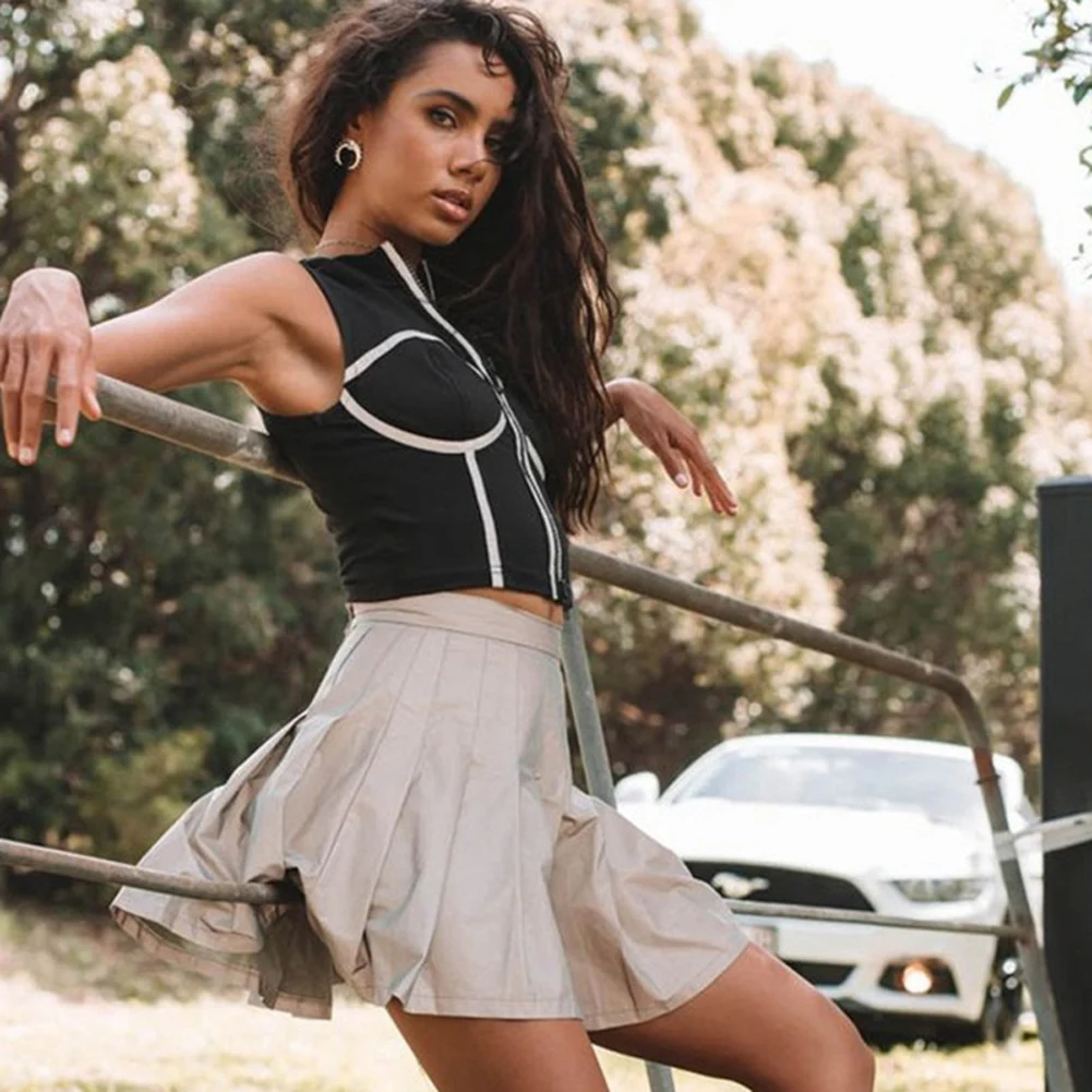 Sexy Hip Hop Women Skater Dance Reflective High Waist Pleated Skirt School Girl Plaid Flare Skater Short Skirt Sexy Hip Hop Women Skater Dance Reflective High Waist Pleated Skirt School Girl Plaid Flare Skater Short Skirt