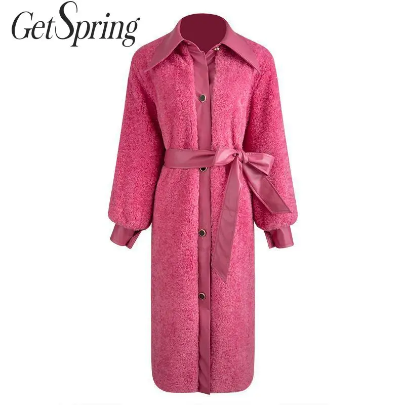 Getвесеннее Женское шерстяное пальто из искусственной кожи, прошитая шерстяная куртка с длинным рукавом и поясом, утолщенное шерстяное пальто, Свободное длинное пальто, зимнее