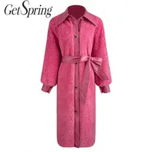 Getвесеннее Женское шерстяное пальто из искусственной кожи, прошитая шерстяная куртка с длинным рукавом и поясом, утолщенное шерстяное пальто, Свободное длинное пальто, зимнее