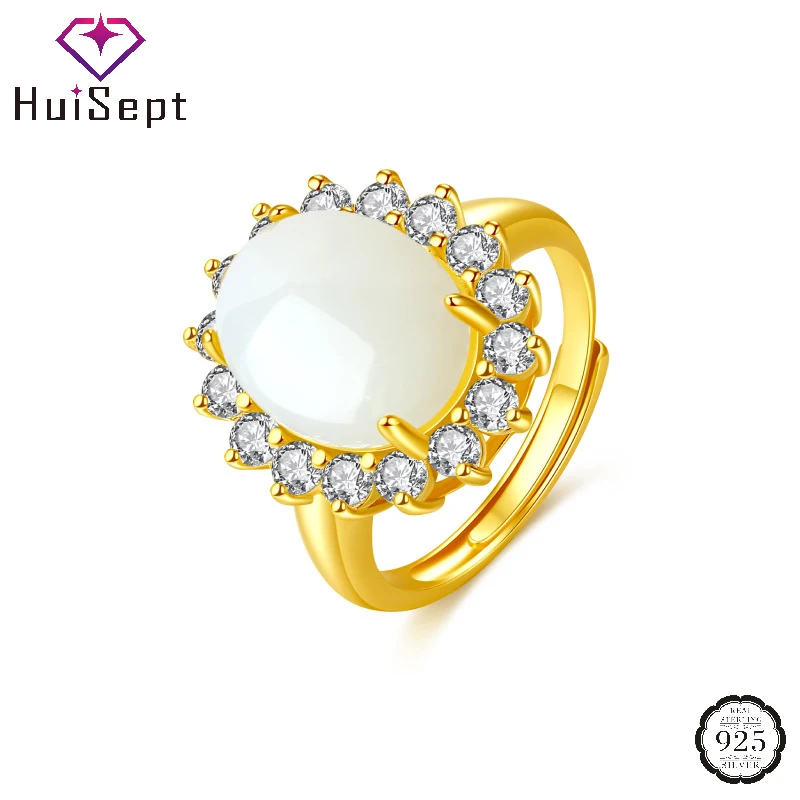 HuiSept Vintage Ring S925 Silver Jewelry Oval Shape Jade Zircon Gemstone Open Finger Rings Accessories for Women Wedding Party | Украшения
