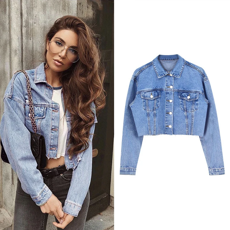  Trendy Women Short Denim Jacket Crop Top Basic Jeans Coat Lady Outerwear Streetwear Autumn Spring V