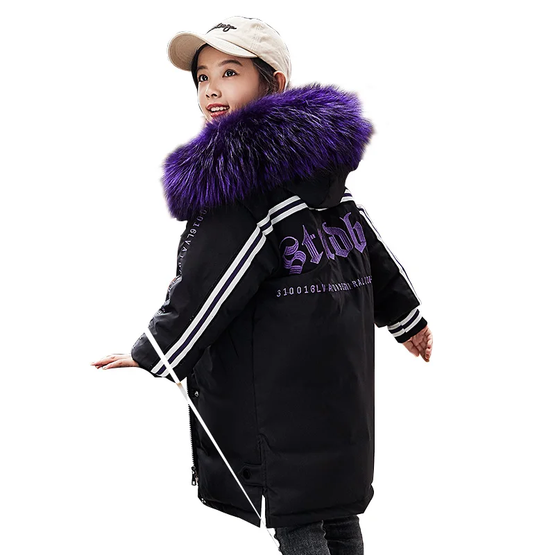 Пуховик для девочек г. Зимняя куртка для девочек, полиэстер, пальто новая Корейская утепленная Детская куртка с большим меховым воротником