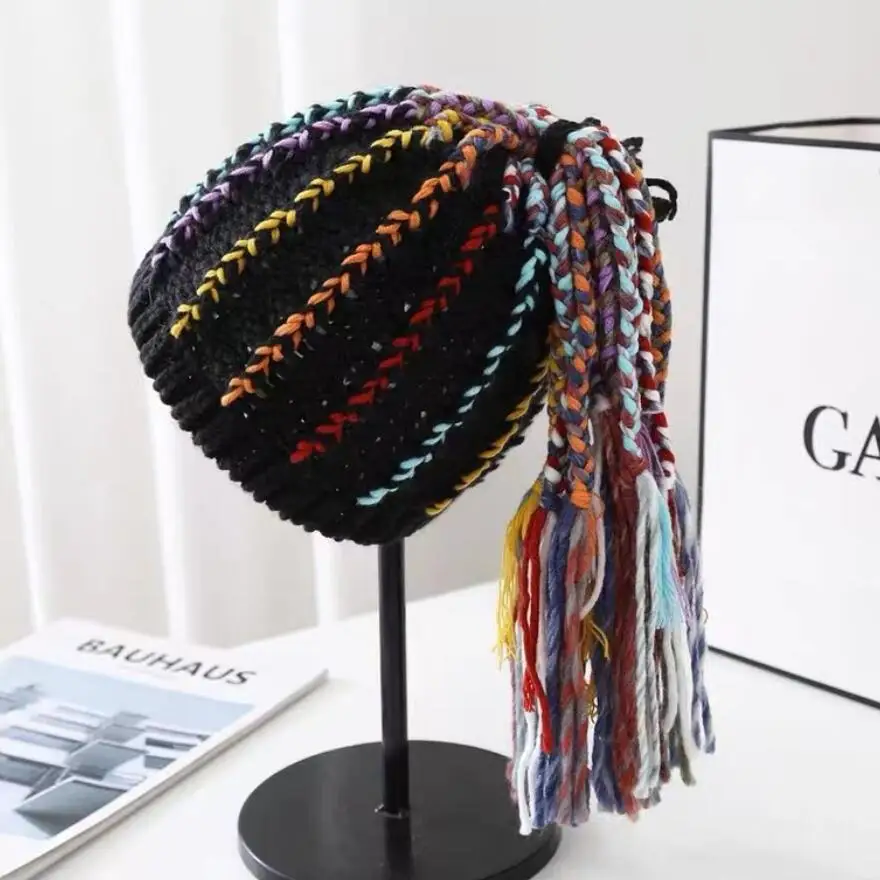 Arco-íris para Meninas Chapéu de Inverno com Cauda Gorro Artesanal Colorido Multi Borlas Grossas Perucas 2022 5 Gorro arco-íris para meninas 2021 artesanal colorido