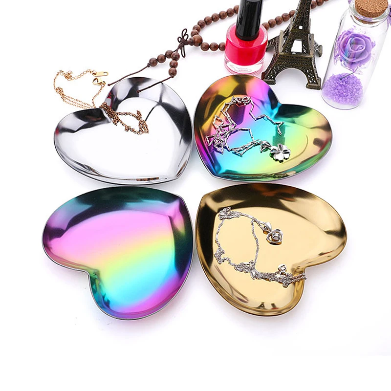 

Vacclo Colorful Heart Jewelry Earring Storage Box Necklace Tray Stainless Steel Party Candy Snack Tray Table Decoration Gift