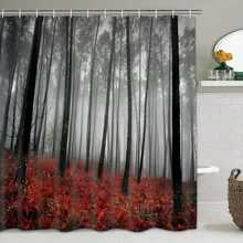 

Mystic Forest Shower Curtain Red Leaves Trees Bathroom Curtains Waterproof with Hooks Polyeste Bathroom Decor Bath Curtain